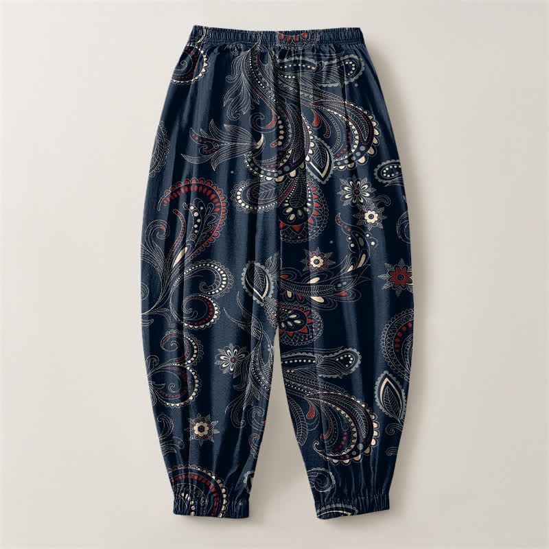 Buddha Stones Herren-Haremshose aus reiner Baumwolle mit ethnischem Blumen-Paisley-Muster, Kordelzug und Taschen - image 2