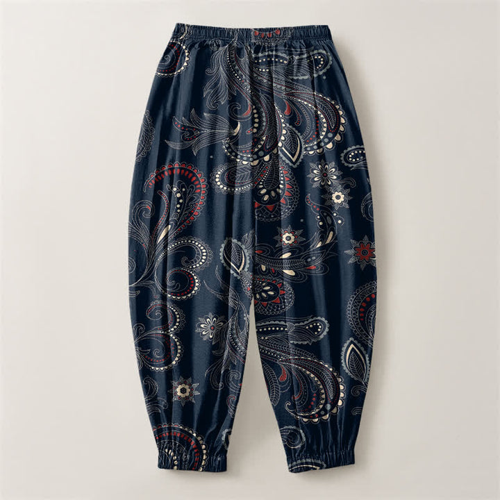 Buddha Stones Herren-Haremshose aus reiner Baumwolle mit ethnischem Blumen-Paisley-Muster, Kordelzug und Taschen - image 2