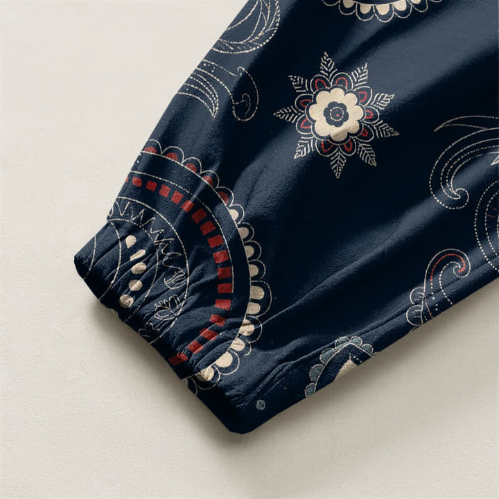 Buddha Stones Herren-Haremshose aus reiner Baumwolle mit ethnischem Blumen-Paisley-Muster, Kordelzug und Taschen - image 4