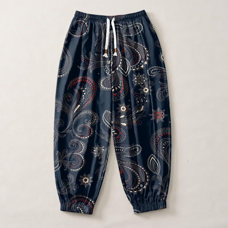 Buddha Stones Herren-Haremshose aus reiner Baumwolle mit ethnischem Blumen-Paisley-Muster, Kordelzug und Taschen - image 1