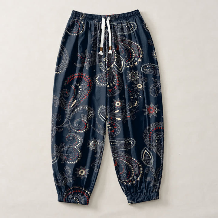 Buddha Stones Herren-Haremshose aus reiner Baumwolle mit ethnischem Blumen-Paisley-Muster, Kordelzug und Taschen - image 1