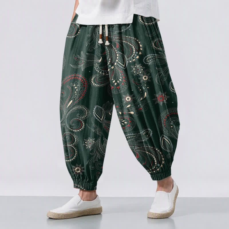 Buddha Stones Herren-Haremshose aus reiner Baumwolle mit ethnischem Blumen-Paisley-Muster, Kordelzug und Taschen - Dunkelgrün - US/ UK/AU50, EU60 (5XL) - image 6