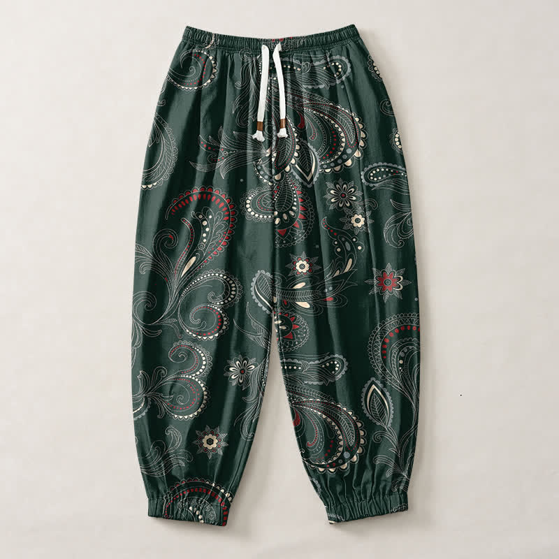 Buddha Stones Herren-Haremshose aus reiner Baumwolle mit ethnischem Blumen-Paisley-Muster, Kordelzug und Taschen - image 7