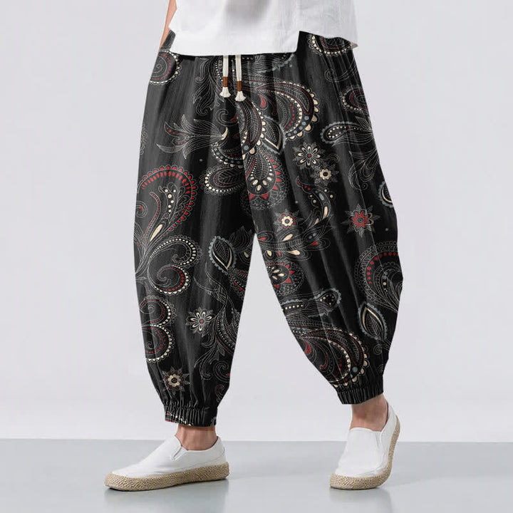 Buddha Stones Herren-Haremshose aus reiner Baumwolle mit ethnischem Blumen-Paisley-Muster, Kordelzug und Taschen - Schwarz - US/ UK/AU50, EU60 (5XL) - image 12