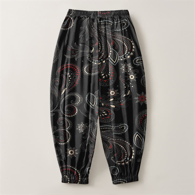 Buddha Stones Herren-Haremshose aus reiner Baumwolle mit ethnischem Blumen-Paisley-Muster, Kordelzug und Taschen - image 14