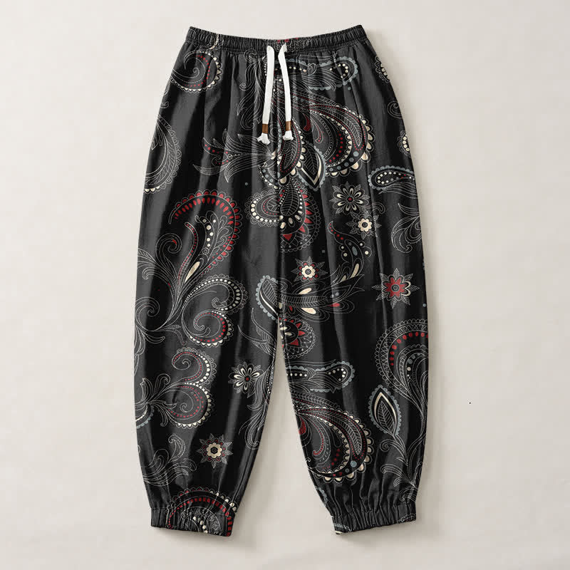 Buddha Stones Herren-Haremshose aus reiner Baumwolle mit ethnischem Blumen-Paisley-Muster, Kordelzug und Taschen - image 13