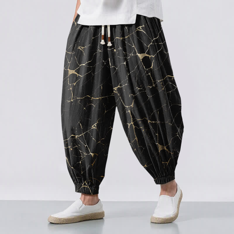 Buddha Stones Herren-Haremshose aus reiner Baumwolle mit Boho-Marmorstreifenmuster, Kordelzug und Taschen - Schwarz - US/ UK/AU50, EU60 (5XL) - image 0