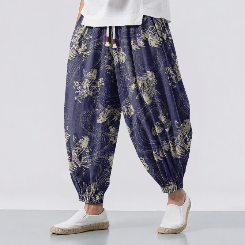 Buddha Stones Herren-Haremshose aus reiner Baumwolle mit Koi-Rippenmuster, Kordelzug und Taschen - Marine - US/ UK/AU50, EU60 (5XL) - image 0