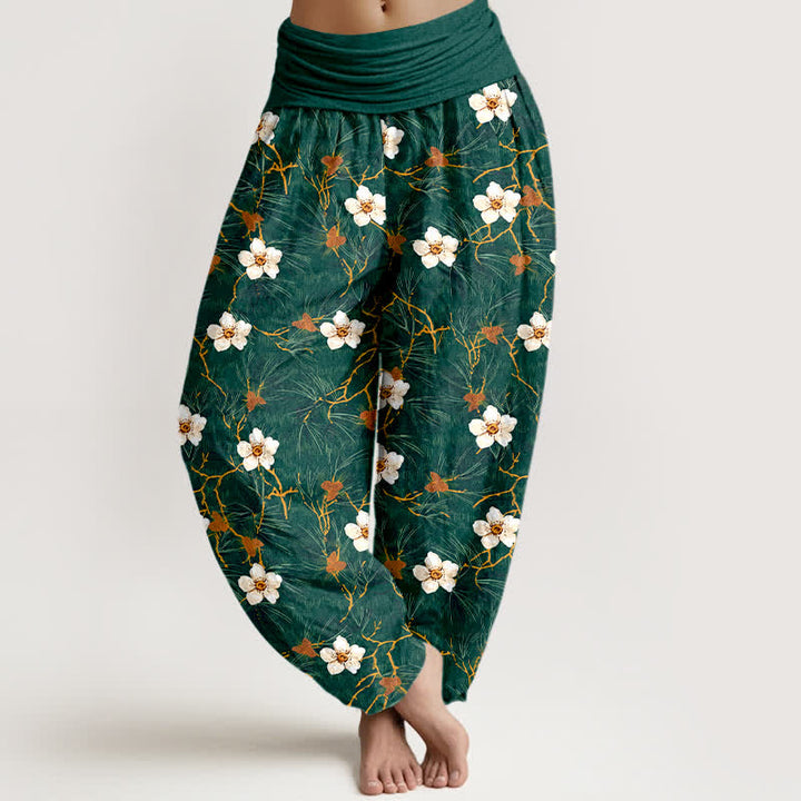 Buddha Stones Baumwoll-Haremshose mit weißem Blütenrankenmuster und elastischem Bund für Damen - SeaGreen - US16, UK/AU20, EU48 (3XL) - image 0