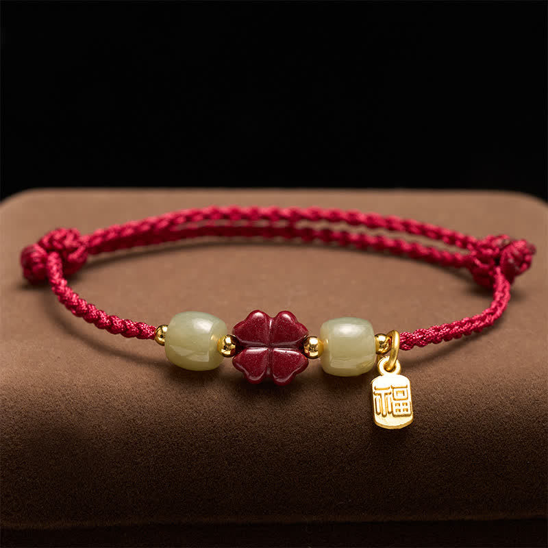 Buddha Stones Armband mit vierblättrigem Kleeblatt und roter Schnur in Form eines Zinnoberroten Fu-Charakters - image 1