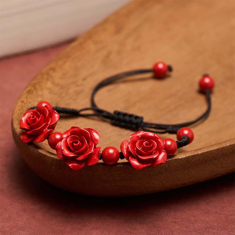 Buddha Stones Armband aus Zinnoberrot mit drei Rosen und schwarzer Schnur - Zinnober (Ruhe ♥ Konzentration) - image 0