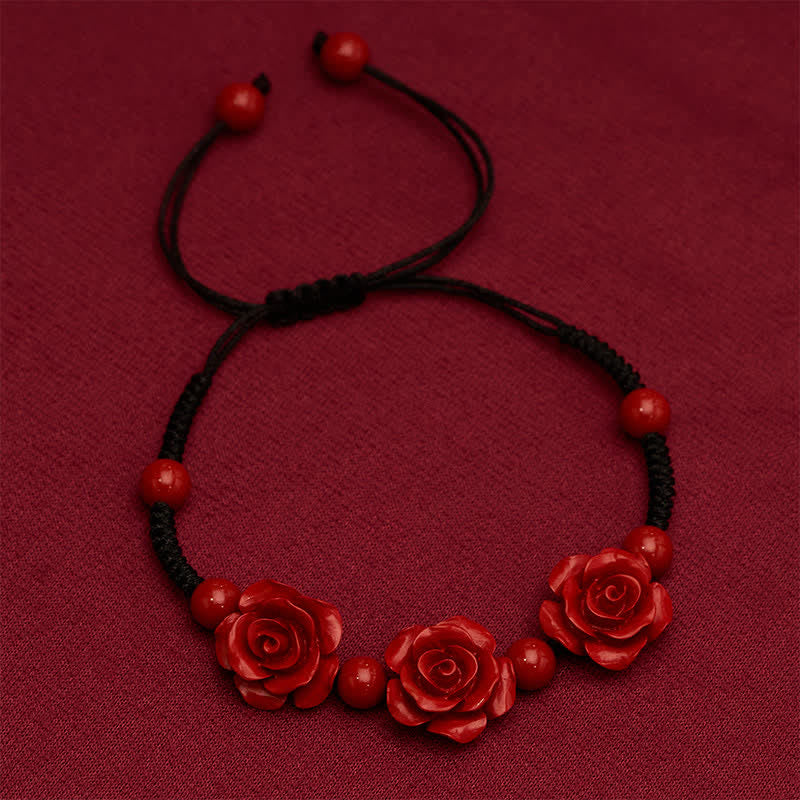 Buddha Stones Armband aus Zinnoberrot mit drei Rosen und schwarzer Schnur - image 2