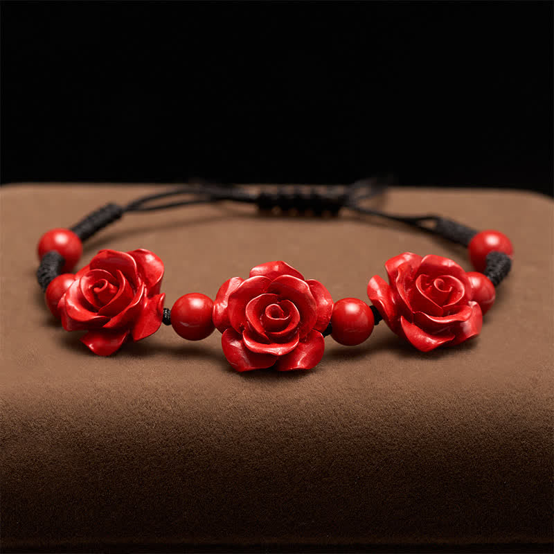 Buddha Stones Armband aus Zinnoberrot mit drei Rosen und schwarzer Schnur - image 1