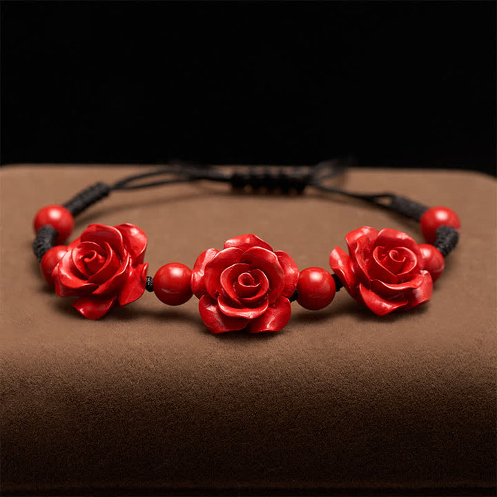 Buddha Stones Armband aus Zinnoberrot mit drei Rosen und schwarzer Schnur - image 1