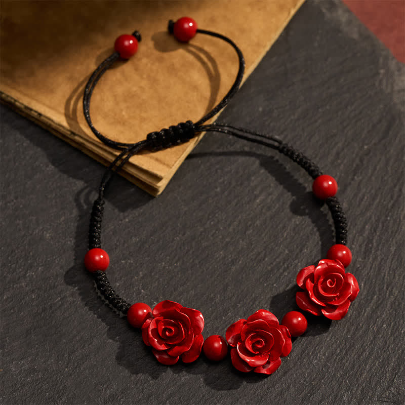 Buddha Stones Armband aus Zinnoberrot mit drei Rosen und schwarzer Schnur - image 3