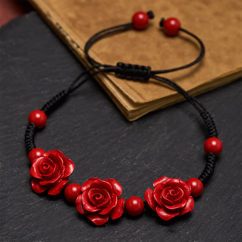Buddha Stones Armband aus Zinnoberrot mit drei Rosen und schwarzer Schnur - image 4