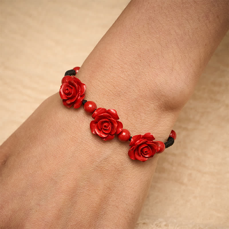 Buddha Stones Armband aus Zinnoberrot mit drei Rosen und schwarzer Schnur - image 5