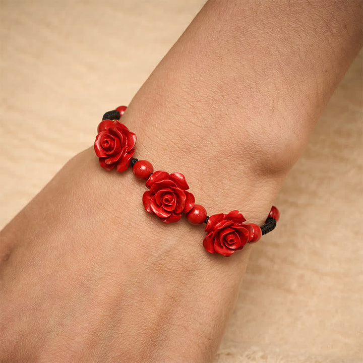 Buddha Stones Armband aus Zinnoberrot mit drei Rosen und schwarzer Schnur - image 5