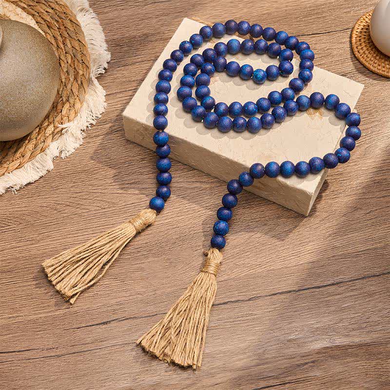 Buddha Stones Blaue rustikale Quastengirlande aus Holzperlen – Achtsame Wohndekoration - image 1