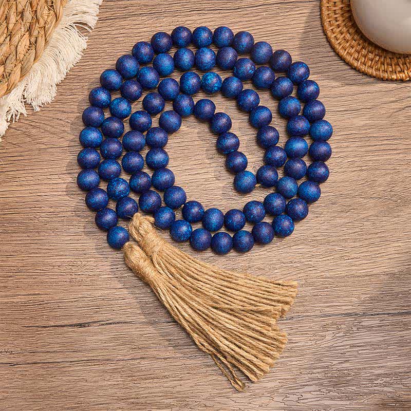 Buddha Stones Blaue rustikale Quastengirlande aus Holzperlen – Achtsame Wohndekoration - Holz - image 0