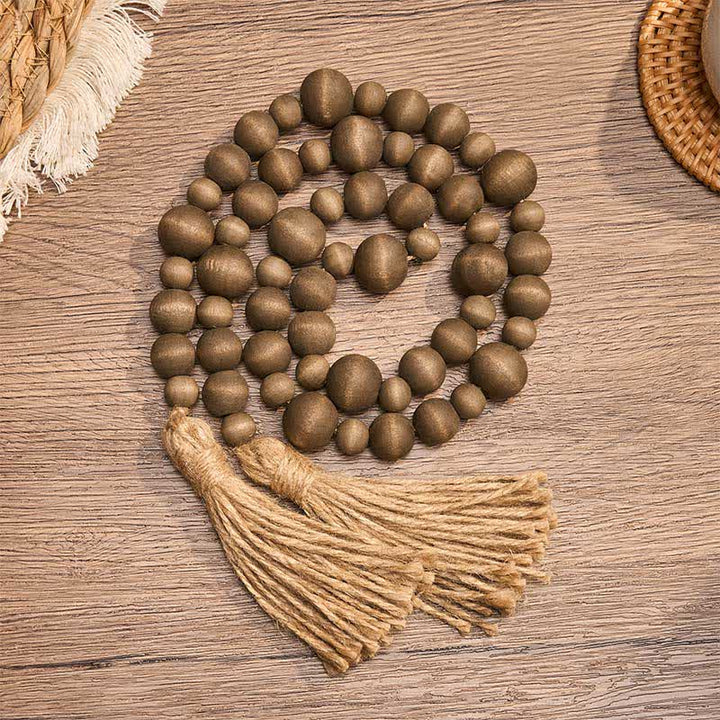 Buddha Stones Rustikale Hängedekoration mit doppelter Quaste aus Holzperlen für ein achtsames Leben - BurlyWood - image 0