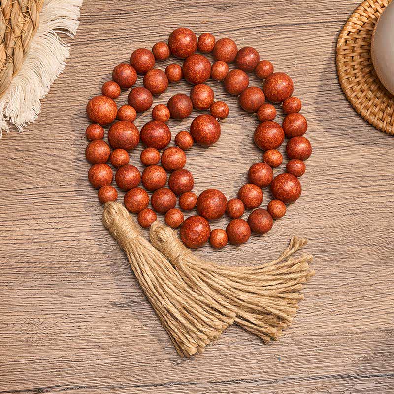 Buddha Stones Rustikale Hängedekoration mit doppelter Quaste aus Holzperlen für ein achtsames Leben - Rot - image 8