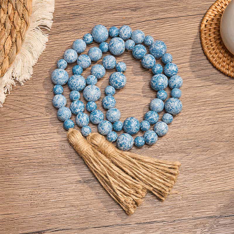 Buddha Stones Rustikale Hängedekoration mit doppelter Quaste aus Holzperlen für ein achtsames Leben - Blau - image 16