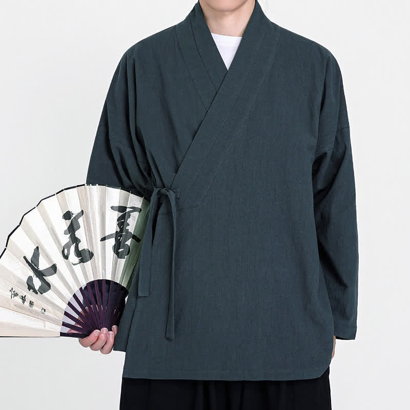 Buddha Stones Frühling Herbst Tang Style Minimalistischer Kimono mit Kordelzug für Herren, einfarbig - image 1