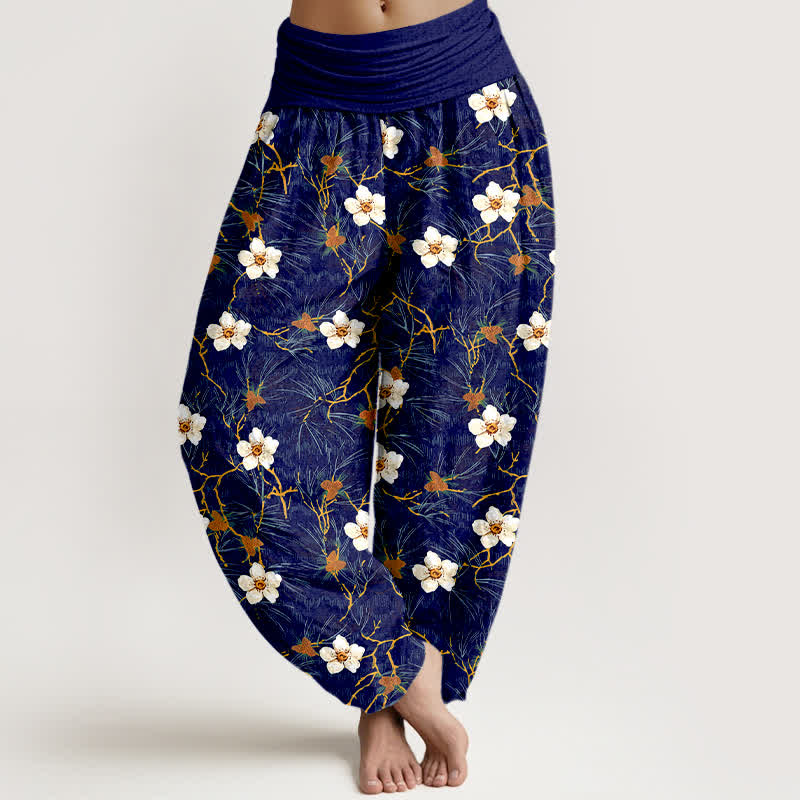 Buddha Stones Baumwoll-Haremshose mit weißem Blütenrankenmuster und elastischem Bund für Damen - Marine - US16, UK/AU20, EU48 (3XL) - image 5
