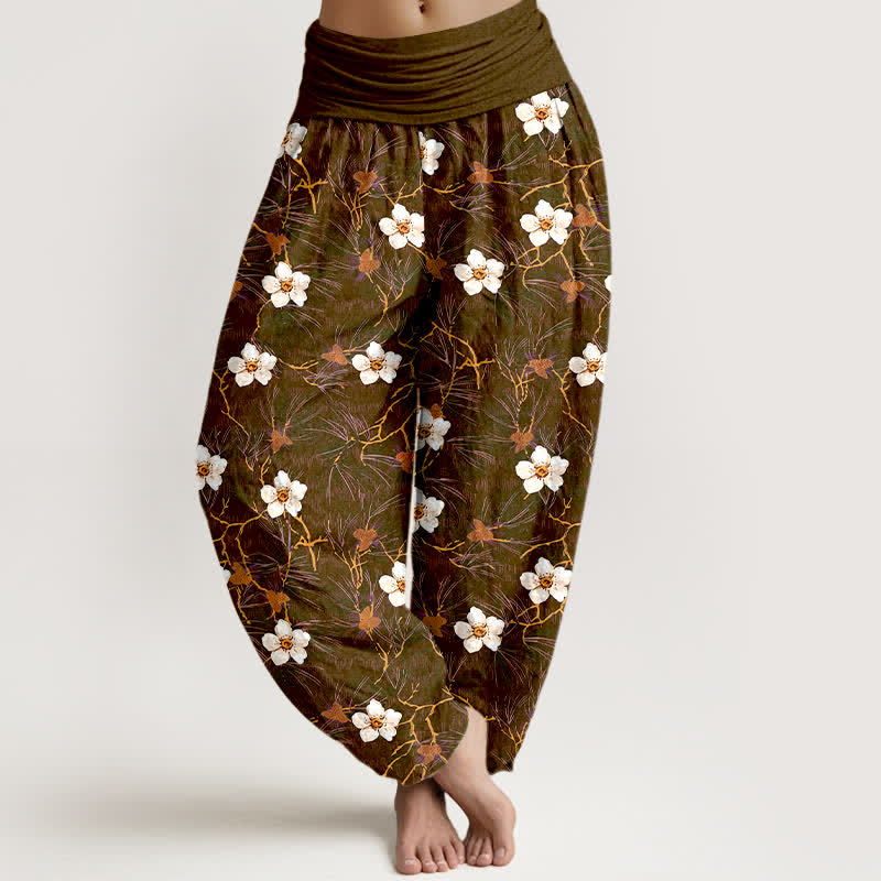 Buddha Stones Baumwoll-Haremshose mit weißem Blütenrankenmuster und elastischem Bund für Damen - Sattelbraun - US16, UK/AU20, EU48 (3XL) - image 8