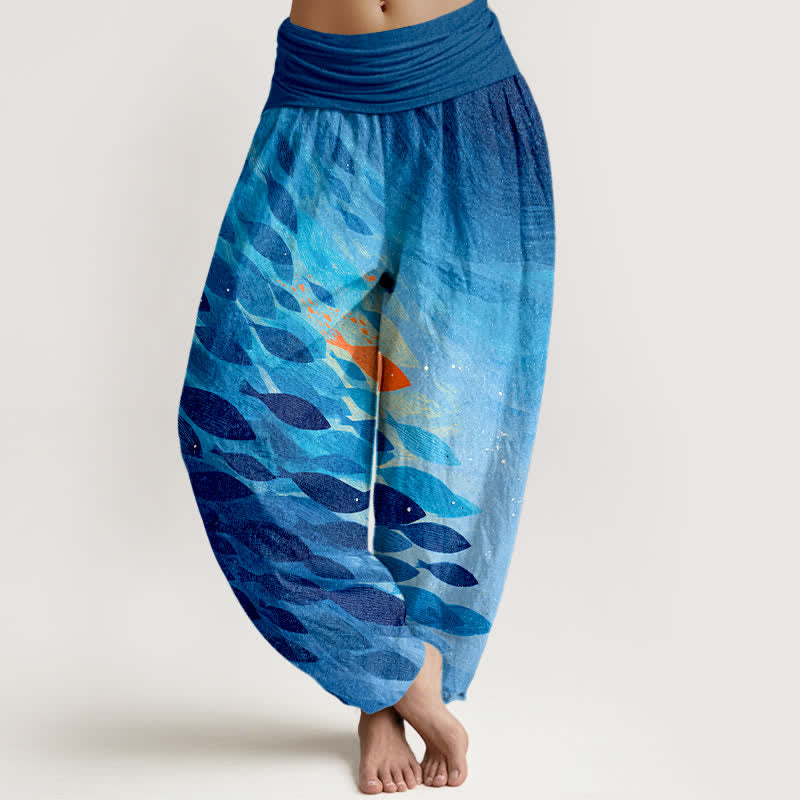 Buddha Stones Damen-Haremshose aus Baumwolle mit Meeresfischmuster und elastischem Bund - DodgerBlue - US16, UK/AU20, EU48 (3XL) - image 0
