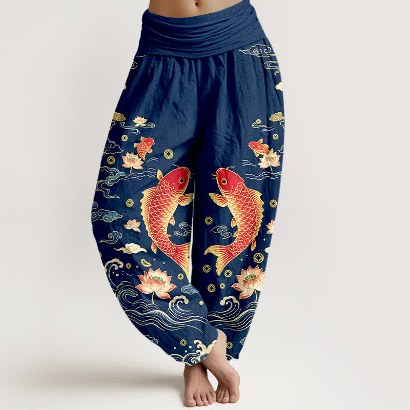 Buddha Stones Baumwoll-Haremshose mit Koi-Lotus-Muster und elastischem Bund für Damen - Marine - US16, UK/AU20, EU48 (3XL) - image 0
