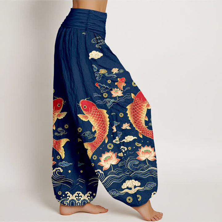 Buddha Stones Baumwoll-Haremshose mit Koi-Lotus-Muster und elastischem Bund für Damen - image 1