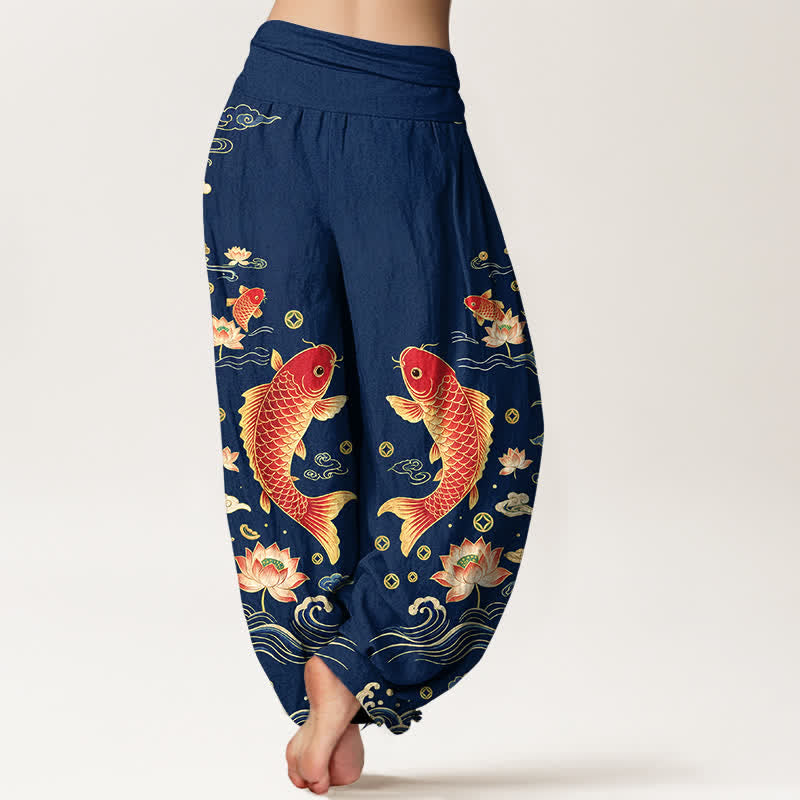 Buddha Stones Baumwoll-Haremshose mit Koi-Lotus-Muster und elastischem Bund für Damen - image 2