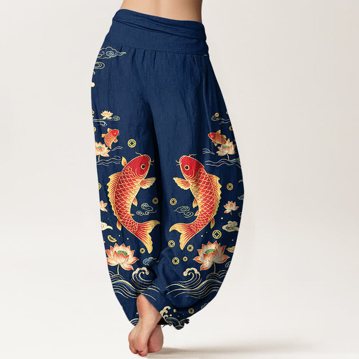 Buddha Stones Baumwoll-Haremshose mit Koi-Lotus-Muster und elastischem Bund für Damen - image 2