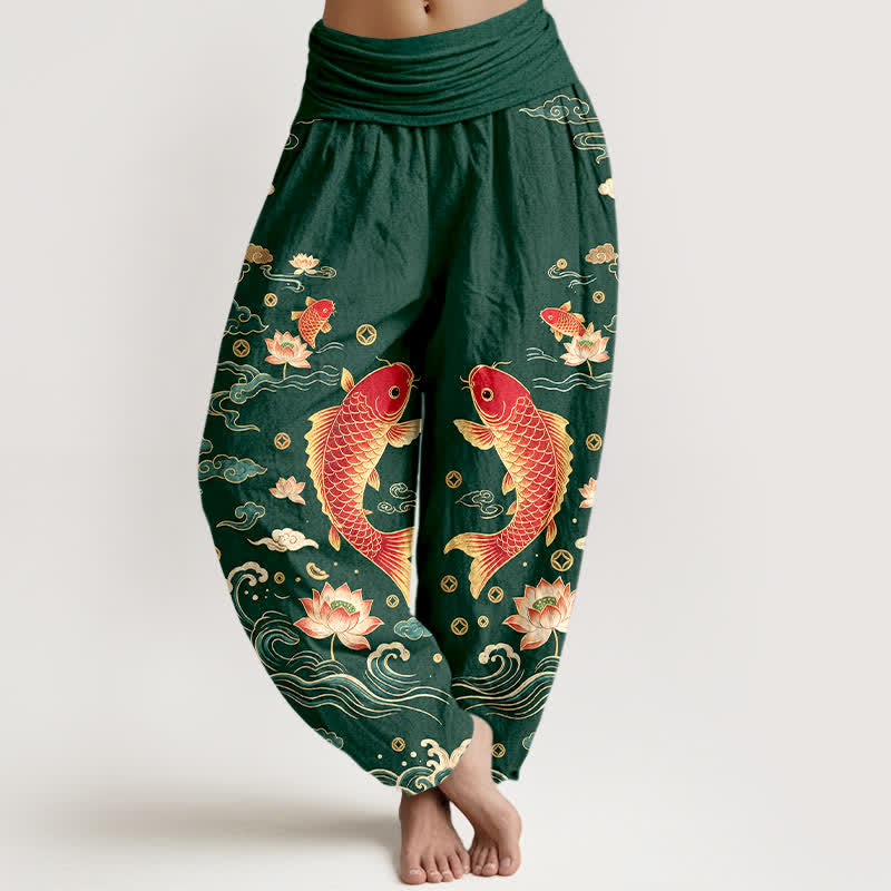 Buddha Stones Baumwoll-Haremshose mit Koi-Lotus-Muster und elastischem Bund für Damen - Waldgrün - US16, UK/AU20, EU48 (3XL) - image 5