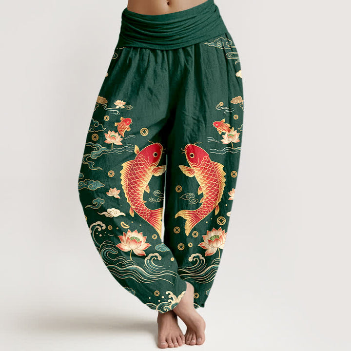 Buddha Stones Baumwoll-Haremshose mit Koi-Lotus-Muster und elastischem Bund für Damen - Waldgrün - US16, UK/AU20, EU48 (3XL) - image 5