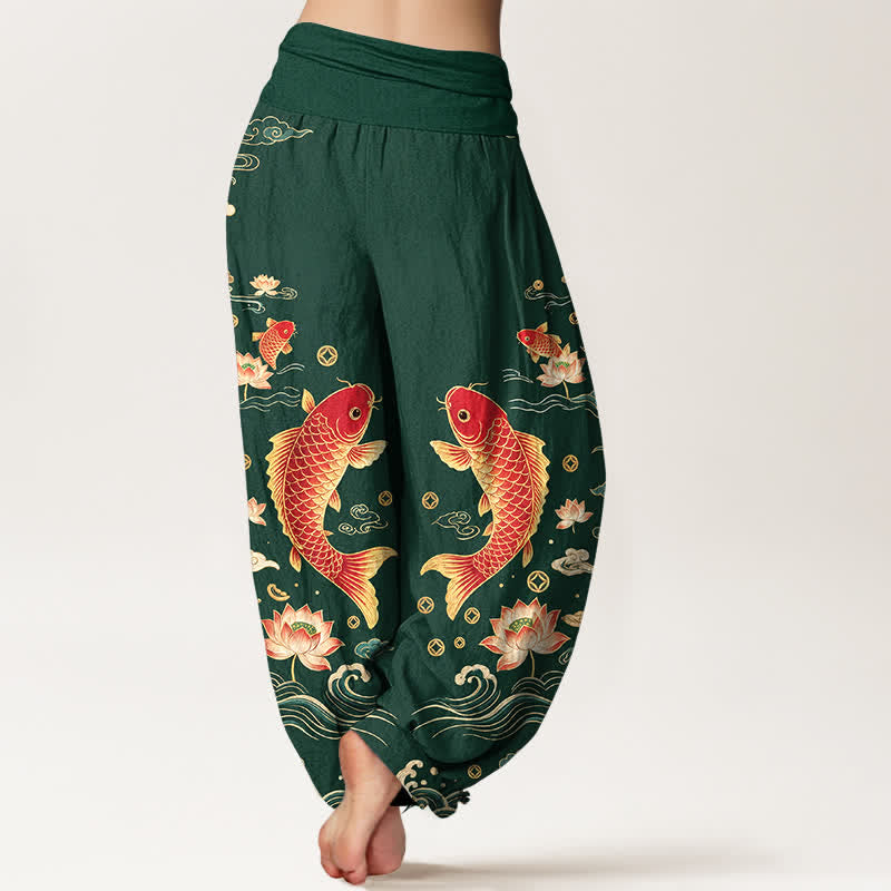 Buddha Stones Baumwoll-Haremshose mit Koi-Lotus-Muster und elastischem Bund für Damen - image 7