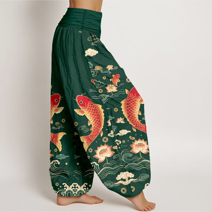 Buddha Stones Baumwoll-Haremshose mit Koi-Lotus-Muster und elastischem Bund für Damen - image 6