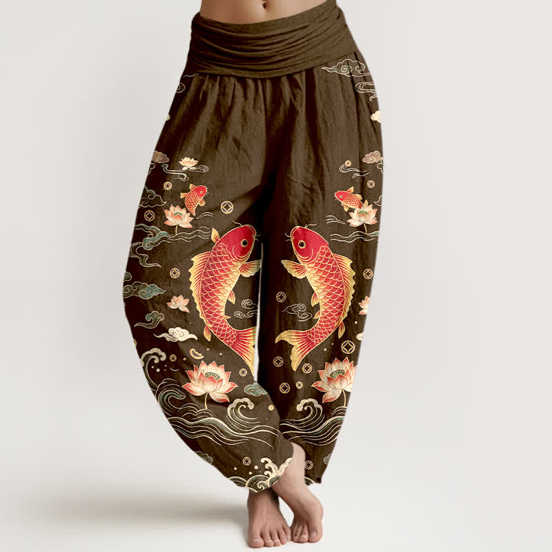 Buddha Stones Baumwoll-Haremshose mit Koi-Lotus-Muster und elastischem Bund für Damen - Sattelbraun - US16, UK/AU20, EU48 (3XL) - image 8