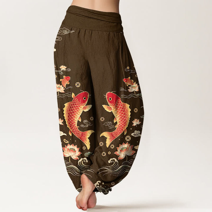 Buddha Stones Baumwoll-Haremshose mit Koi-Lotus-Muster und elastischem Bund für Damen - image 10