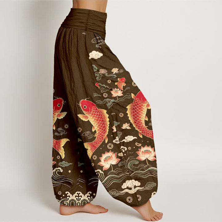 Buddha Stones Baumwoll-Haremshose mit Koi-Lotus-Muster und elastischem Bund für Damen - image 9