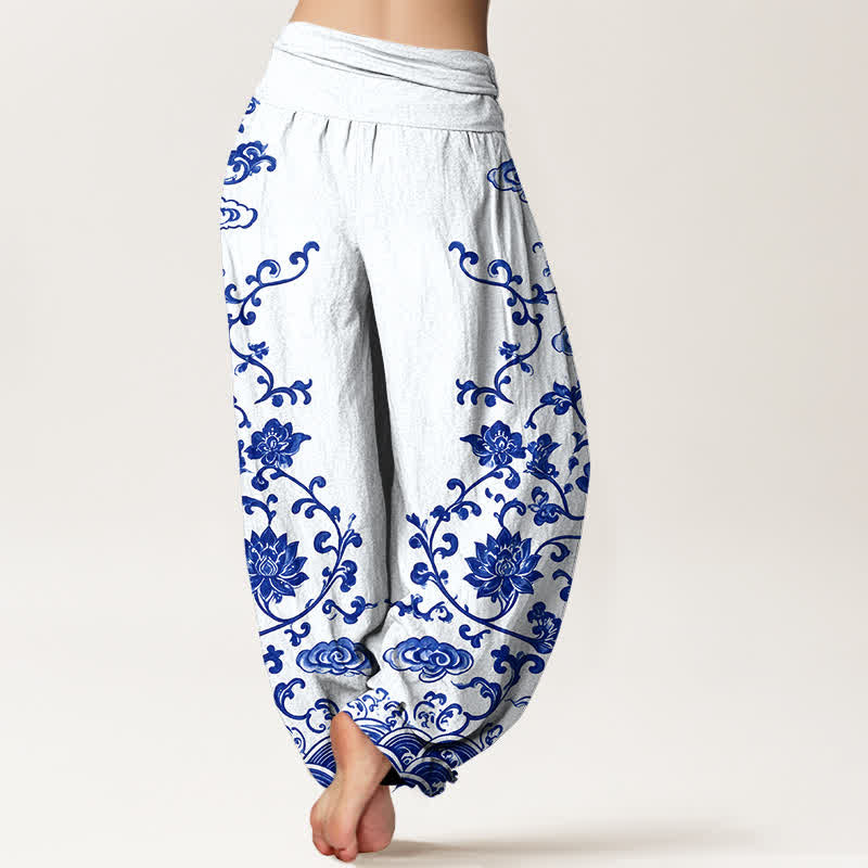 Buddha Stones Haremshose aus Baumwolle mit Lotus-Scrollmuster und elastischem Bund für Damen - image 2