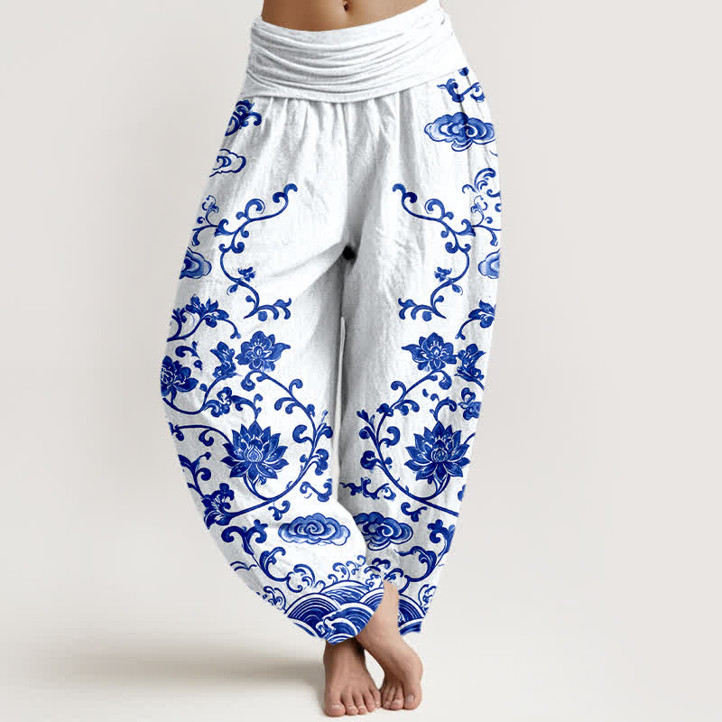 Buddha Stones Haremshose aus Baumwolle mit Lotus-Scrollmuster und elastischem Bund für Damen - Weiß - US16, UK/AU20, EU48 (3XL) - image 0
