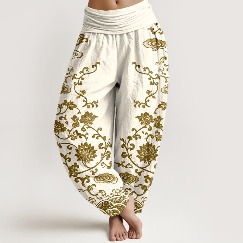 Buddha Stones Haremshose aus Baumwolle mit Lotus-Scrollmuster und elastischem Bund für Damen - Beige - US16, UK/AU20, EU48 (3XL) - image 5