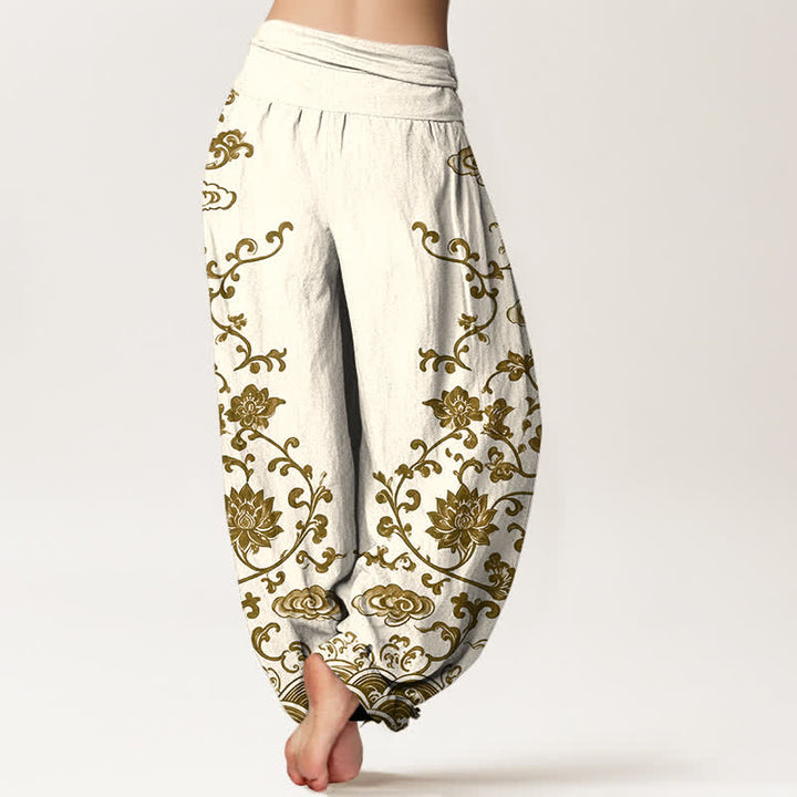 Buddha Stones Haremshose aus Baumwolle mit Lotus-Scrollmuster und elastischem Bund für Damen - image 7