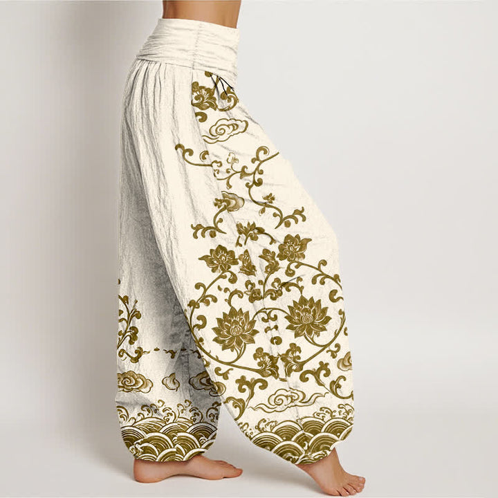 Buddha Stones Haremshose aus Baumwolle mit Lotus-Scrollmuster und elastischem Bund für Damen - image 6
