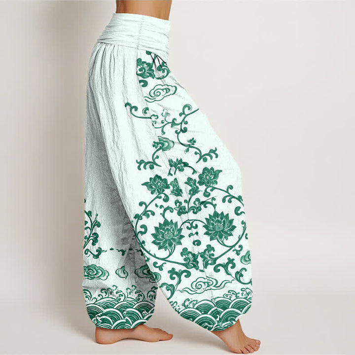 Buddha Stones Haremshose aus Baumwolle mit Lotus-Scrollmuster und elastischem Bund für Damen - image 9