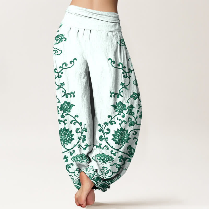 Buddha Stones Haremshose aus Baumwolle mit Lotus-Scrollmuster und elastischem Bund für Damen - image 10