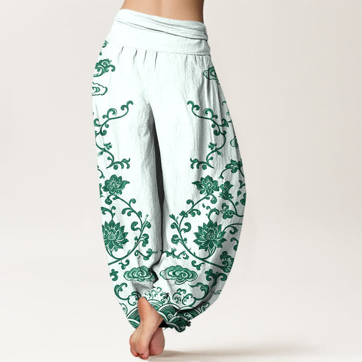 Buddha Stones Haremshose aus Baumwolle mit Lotus-Scrollmuster und elastischem Bund für Damen - image 10